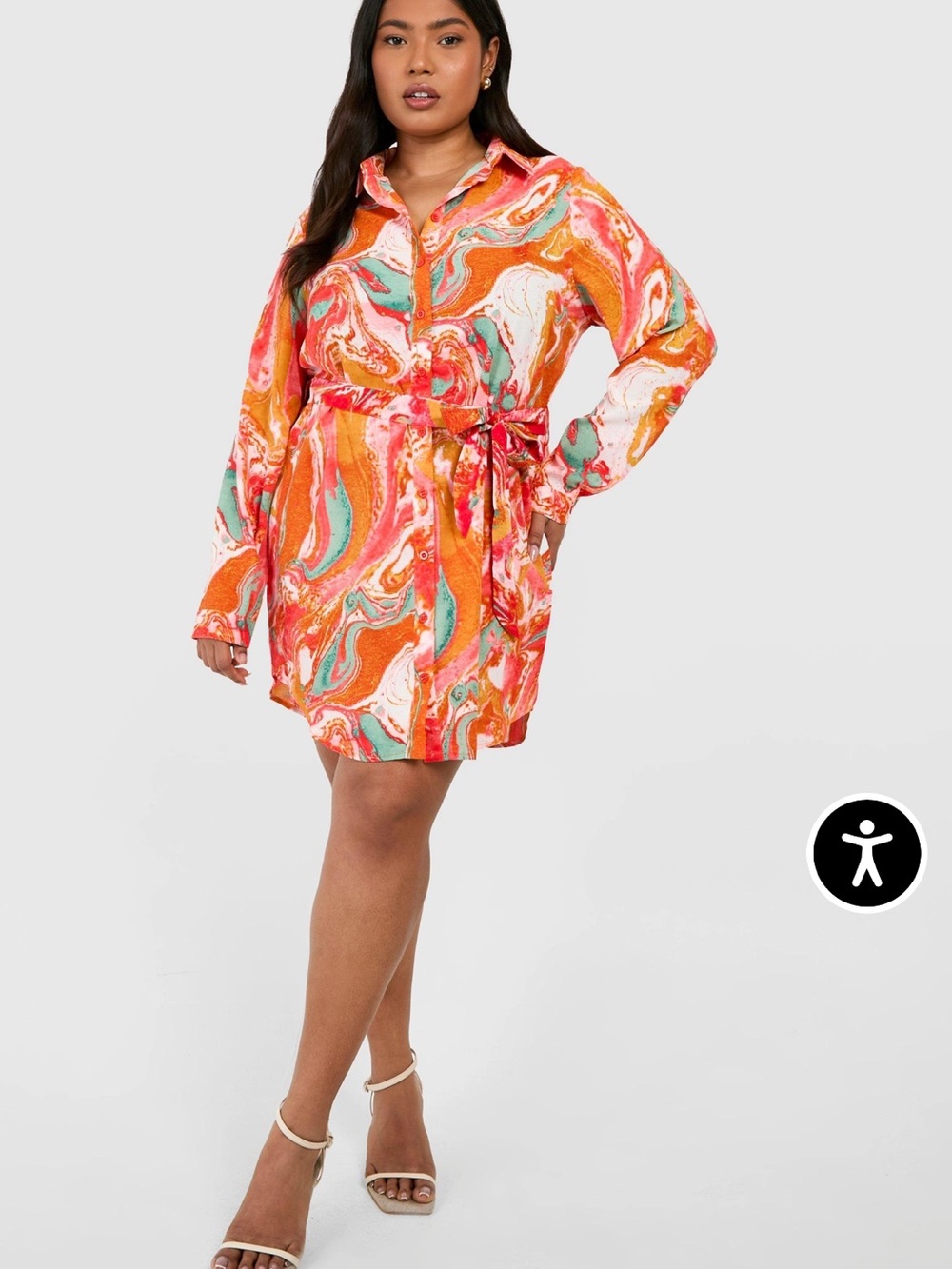 Boohoo Orange Marble-Print Shirt Dress with Teal & Pink Swirls